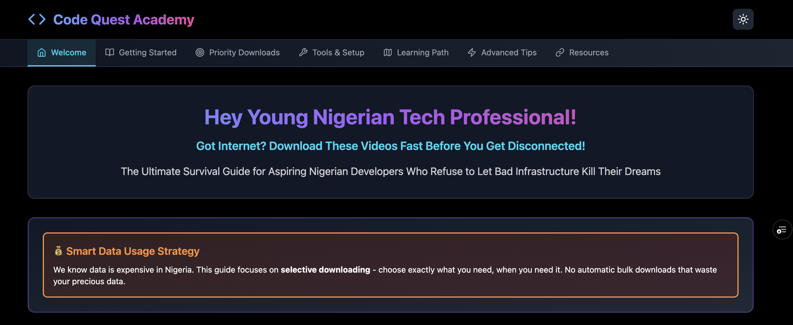 A digital interface for Nigerian developers dealing with unreliable internet.